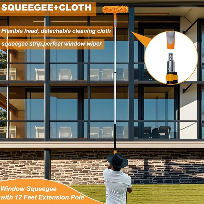 20 Ft+ Reach 2 In 1 Window Squeegee Duster with 5-to-12 Foot Extension Pole Cleaner Tool with 3-Stage Telescoping Pole Cleaning Kit with Rotatable Head - Chenille Cloth + Microfibre Cloths Head