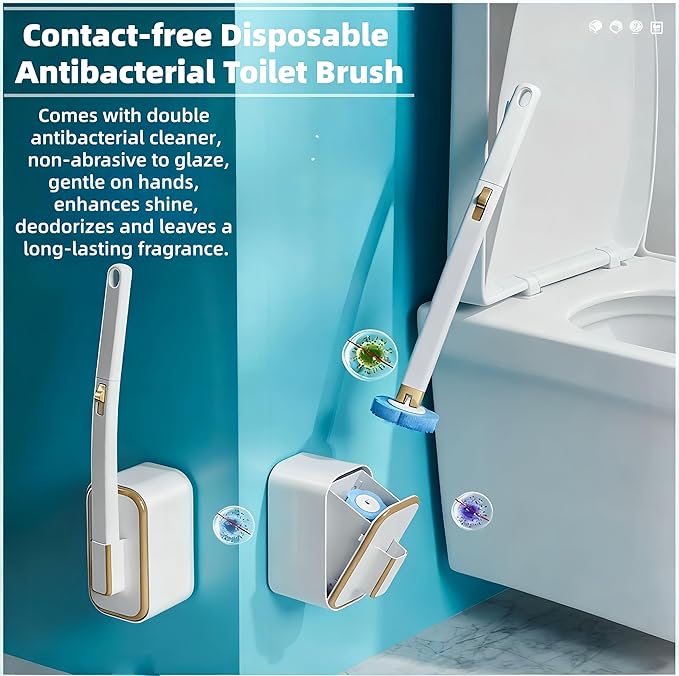 Disposable Toilet Brush and Base Set (Including 48 Replacement Heads and Base) - Wall-Mounted Design with Ergonomic Grip for Bathrooms Toilets and RVs.