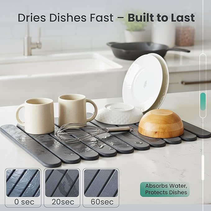 Stone Dish Drying Mat for Kitchen Counter 23.6”(L) x 15.3”(W) Collapsible Eco-Friendly Diatomaceous Mat Non Slip Quick Dry – Grey Mat for Dishes Bottles &amp Cups Matches Any Countertop