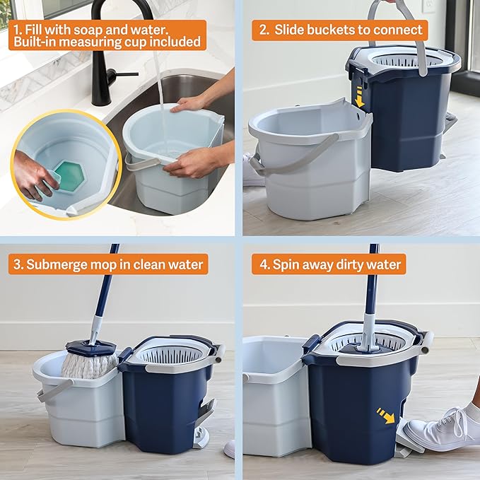 Casabella Spin Mop System with Extra Mop Head Refill - Two-Bucket Design with Splash Guard Built-in Measuring Cup and Scraper Tool with Easy Wring Pedal Spinner 1.25-Gallon Blue