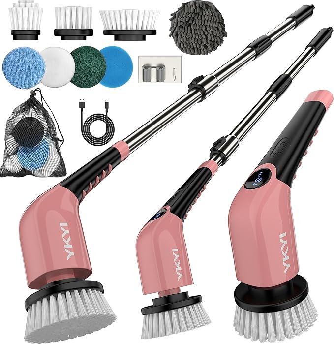 YKYI Electric Spin Scrubber-Cordless Power Scrubber with 8 Brush Heads 3 Speeds &amp Adjustable Long Handle IPX7 Waterproof Shower Cleaning Brush for Bathroom Tile Bathtub Grout Kitchen(Pink)