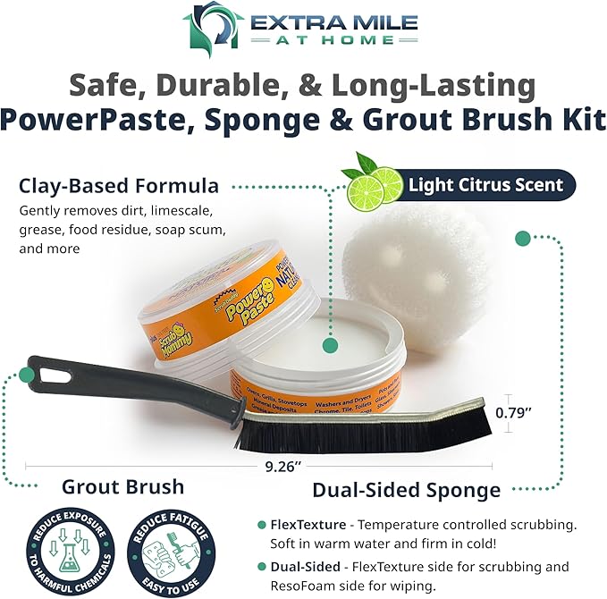 Power Paste Natural All Purpose Cleaner Bundle - Grout Cleaner for Tile Floors with Sponge &amp Crevice Brush - Deep Cleaning Tools for Shower Tile Grout Bathroom Kitchen Surfaces Tight Spaces at