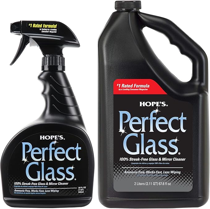 HOPE'S Perfect Glass Cleaner Streak-Free Ammonia-Free Window Mirror Screen and Shower Door Cleaner Indoor and Outdoor Glass Surfaces 32 Fl Oz Spray Bottle and 67.6 Fl Oz Refill Pack of 1