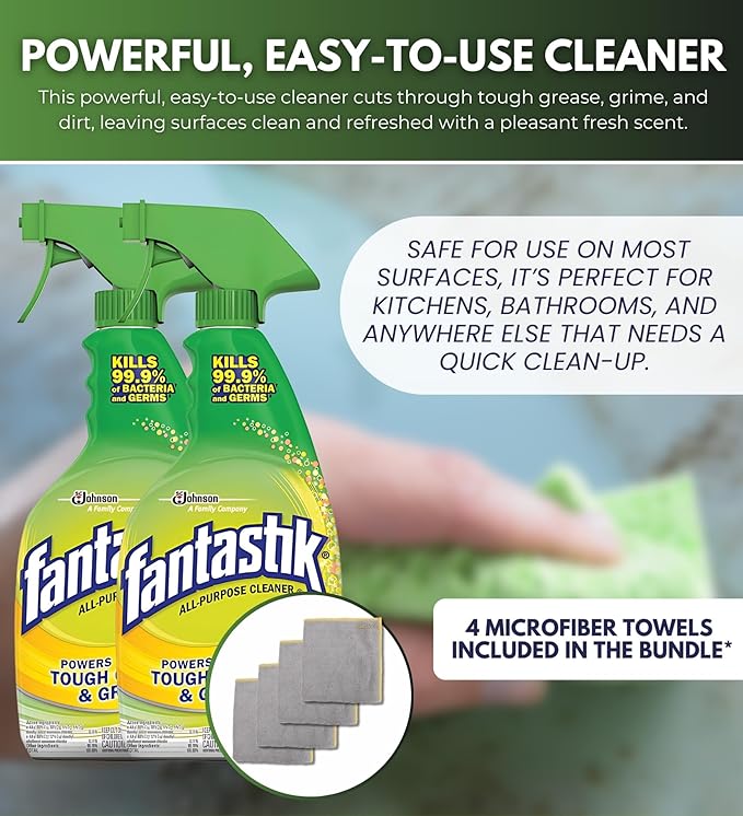 Fantastik Lemon Scent Multi-Purpose Cleaner Spray 32 oz Bundle with Microfiber Cloth - Multi-Surface Cleaner - Removes Grease &amp Grime - Leaves a Fresh Clean Finish - (6 Items)