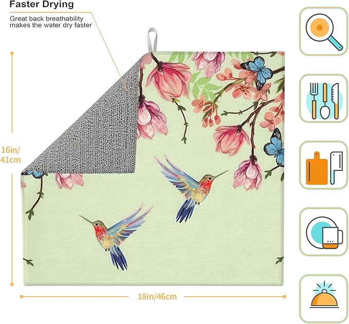 Bird Floral Flowers Dish Drying Mat for Kitchen Counter 16x18 Microfiber Absorbent Fast Dry Mat 2Pcs Dish Mat Faucet Mats Sets Large Drying Kitchen Mat Kitchen Drying Pad Coffee Bar Decor Gifts