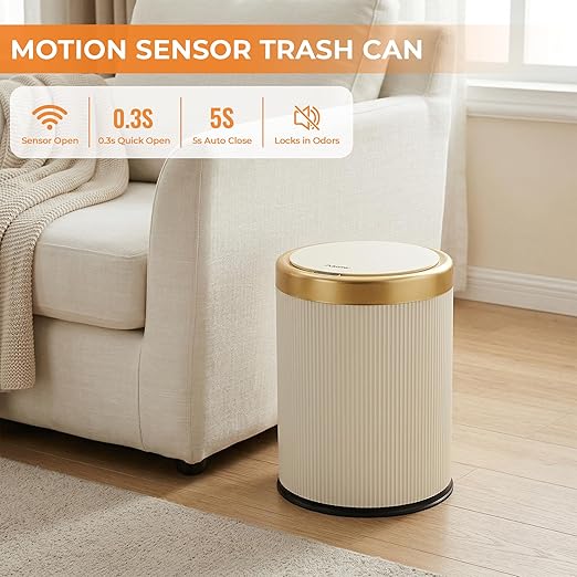 Pukomc Bathroom Trash Can with Lid3.5 Gallon Motion Sensor Waterproof Touchless Garbage Can Smart Plastic Trash Bins Suitable for Kitchen Bathroom Bedroom Living Room Office Beige