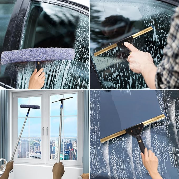 Pro Window Cleaning Kit with Storage Bucket with 4 13 inch Extension Rods Scrubber Spray Bottle Rag and Scraper with Rotating Head - Car/Home Glass Cleaning System