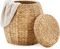 Round Wicker Basket with Lid Handwoven Water Hyacinth Storage Basket Blanket Organizer Basket for Laundry Bathroom Bedroom Living Room Office