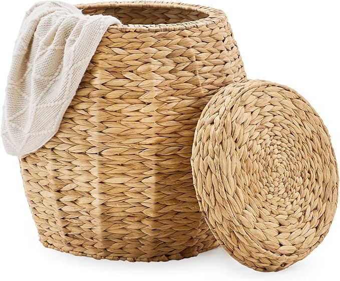Round Wicker Basket with Lid Handwoven Water Hyacinth Storage Basket Blanket Organizer Basket for Laundry Bathroom Bedroom Living Room Office
