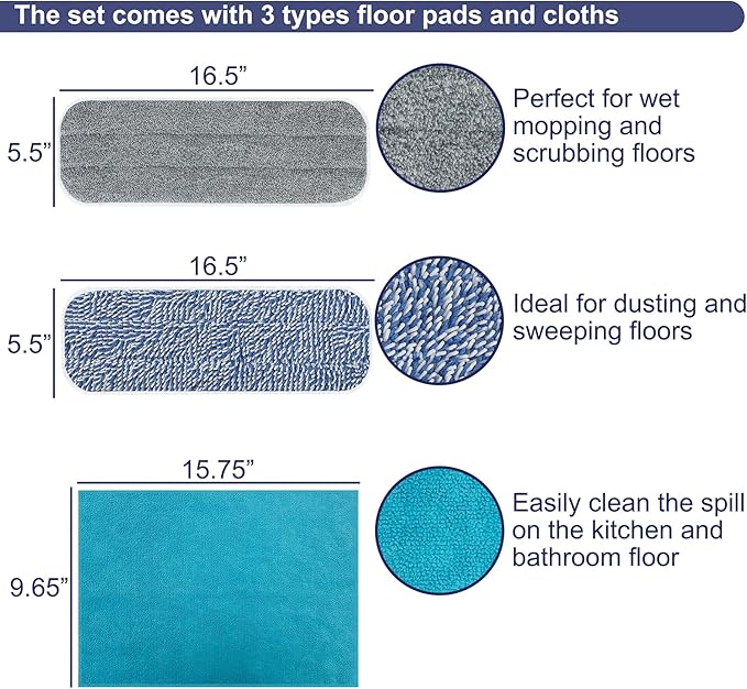 Microfiber Mops for Floor Cleaning Multi Surface Floor Cleaner with 2 Microfiber Dry Wet Mop Pads + 2 Dusting Clothes for Sweeping and Mopping