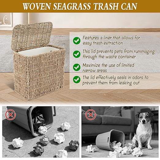 Wicker Trash Can with Lid and Liner Bathroom Trash Can with Lid Natural Water Hyacinth Wicker Waste Basket Boho Rattan Garbage Wastebasket for Bedroom Living Room Office Kitchen