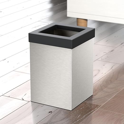 Gatco 1914MX Modern Square Wastebasket Satin Nickel and Matte Black Combo - Stainless Steel Trash Can with Removable Lid Leakproof 3 Gallon Capacity for Bathroom Bedroom Kitchen or Office