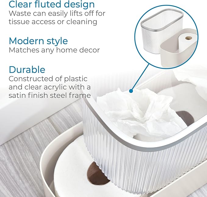 iDesign Fluted Plastic Bathroom Trash Can with Storage for Toiler Paper - Clear/Satin/Gray