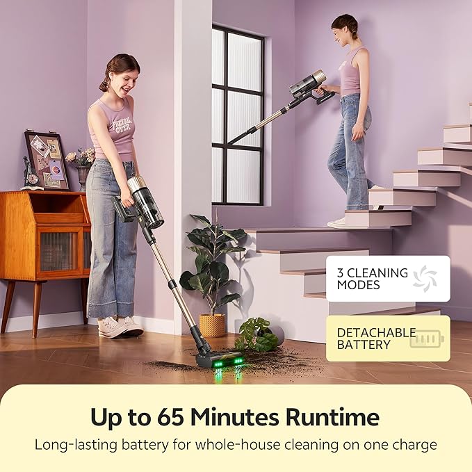Ultenic Cordless Vacuum Cleaner 600W 60KPA 65Mins Vacuum Cleaners for Home Stick Vacuum Cordless with Touch Screen Self-Standing 180° Lay-Flat Anti-Tangle Brush for All Floors/Pet Hair/Carpets