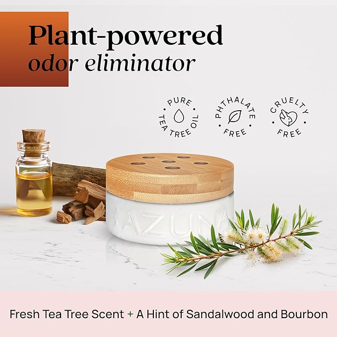 Azuna Air Freshener &amp Odor Eliminator for Strong Odor | 2 Room Kit Includes (2) Empty Luxe Glass Jar &amp 12oz Gel Refill with Tea Tree Essential Oil | Sandalwood Scent | Last 60-90 Days