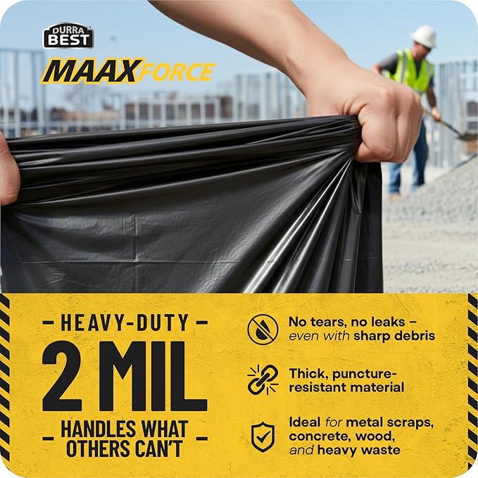 MAAXForce 55 Gallon Contractor Trash Bags with Flap Ties | 2 Mil Heavy-Duty Black Garbage Bags | Leak-Proof &amp Puncture-Resistant | Made in USA | 36 x 56 Large Construction &amp Yard Bags (40-Co