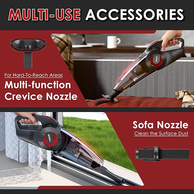 whall Handheld Cordless Car Vacuums Wet and Dry Use 9000Pa Strong Suction Vacuums Rechargeable Portable Vacuum Cleaner with LED Charging Dock Lightweight Mini Vacuum for Car Home and Office Red