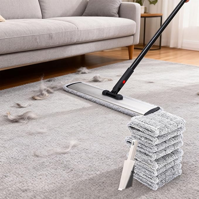 24inch Flat Mop for Cleaning Floors Heavy Duty Microfiber Wet Mop Deep Cleaning for Hardwood Tile &amp Laminate Includes 4 Reusable Washable Pads and Adjustable Long Handle