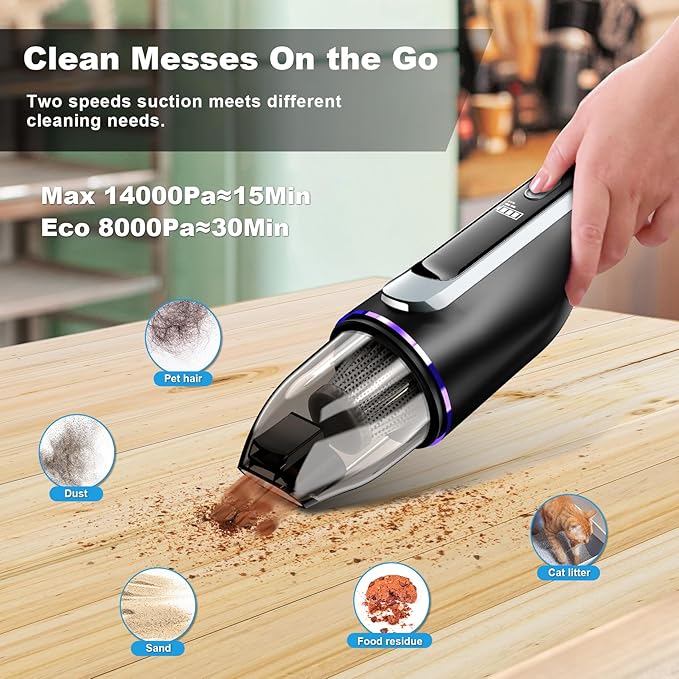 Handheld Vacuum Cordless - Car Vacuum with Brushless Motor &amp 14000Pa Powerful Suction 1.2lbs Lightweight LED Light Slim Mini Vacuum Cleaner for Car Home Office Pet