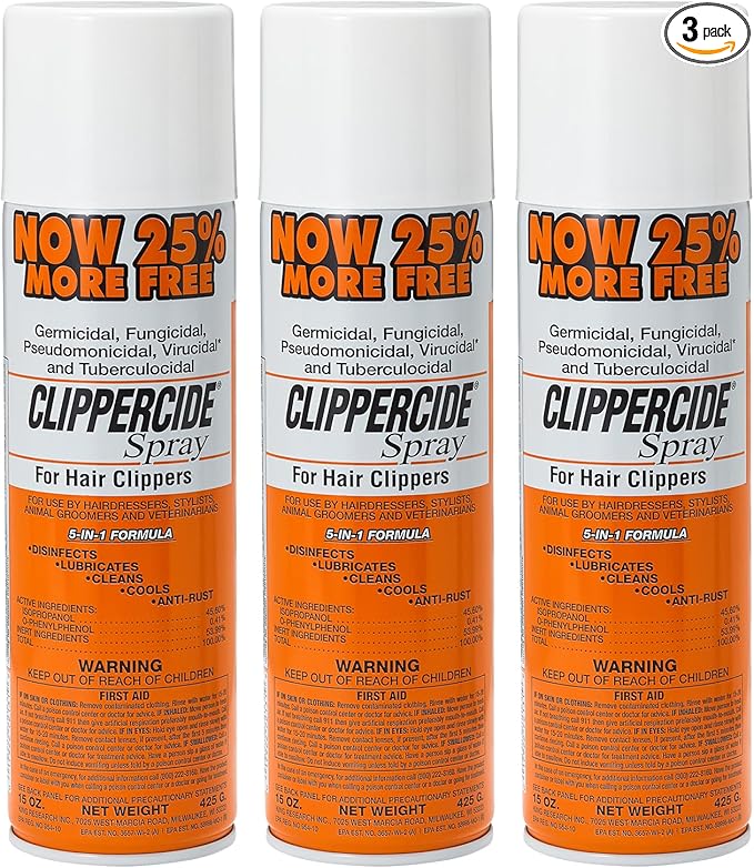 CLIPPERCIDE 5-in-1 Clipper Disinfectant Spray 15oz 3 Pack | Cleans Lubricates Cools Prevents Rust &amp Disinfects | Professional Clipper Spray for Barbers Stylists &amp Pet Groomers | Made by B