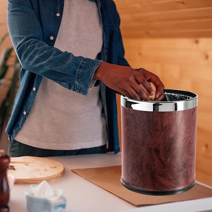 'Invisi-Overlap' Open top Leatherette Trash Can Small Office Wastebasket Modern Home Décor Round Shape (Burgundy)