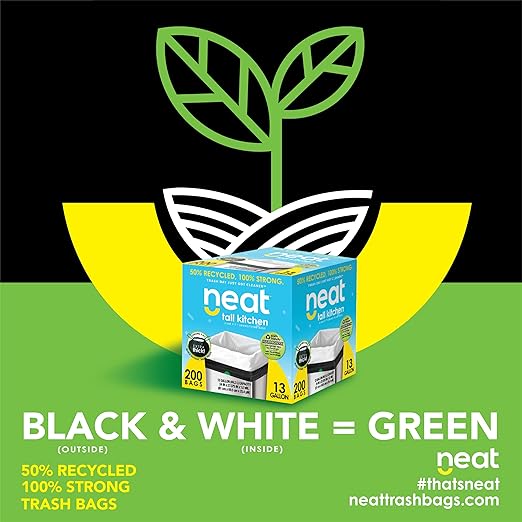 Neat Tall Kitchen 13 Gallon Drawstring Trash Bags - (MEGA 200 Count) - Triple Ply Fortified Eco-Friendly 50% Recycled Material Neutralize+ Odor Technology Reversible Black and White Garbage Bags