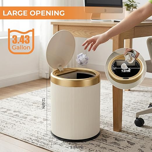 Pukomc Bathroom Trash Can with Lid3.5 Gallon Motion Sensor Waterproof Touchless Garbage Can Smart Plastic Trash Bins Suitable for Kitchen Bathroom Bedroom Living Room Office Beige