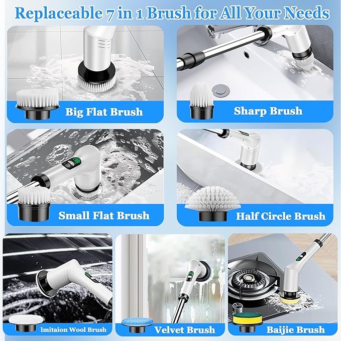 Electric Spin ScrubberCleaning Scrubber Brush Electric for Home with Power LCD DisplayCordless Bathroom Scrubber for Bathroom Tile Glass CleaningAdjusted Head Angle with 7 Replaceable Heads
