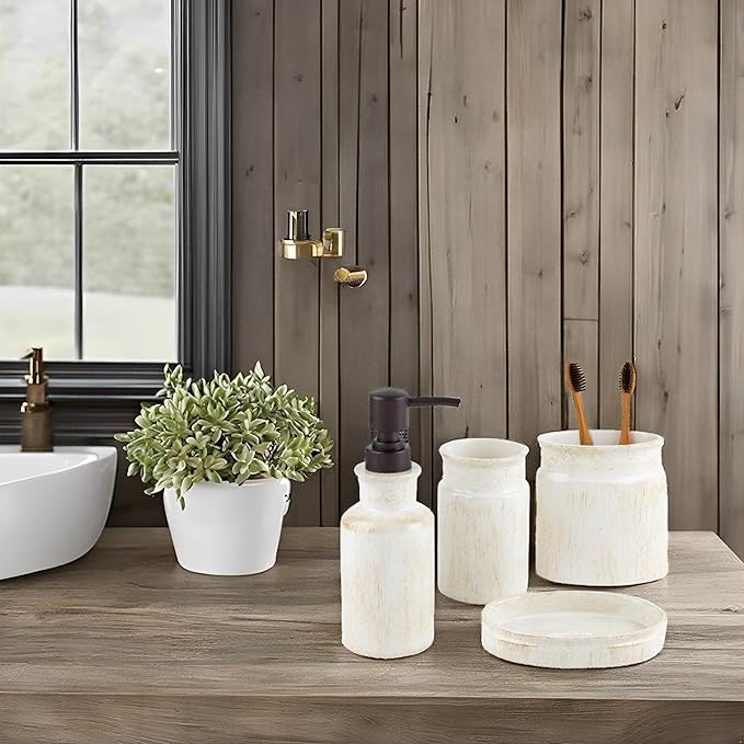 Creative Scents Rustic Luxe Bathroom Accessory Set Complete - 4 Piece Beige Bathroom Soap Dispenser Set has: Lotion Dispenser Toothbrush Holder Tumbler &amp Soap Dish Modern Farmhouse Bathroom Dec