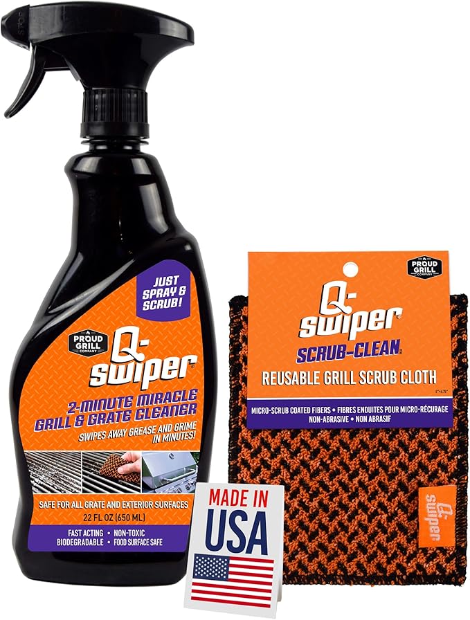 Proud Grill Company Q-Swiper 2-Minute Miracle Grill &amp Grate Cleaner with Scrub Clean Cloth - Degreaser Spray for BBQ Oven Stove Kitchen Tops &amp Surfaces Grate &amp Grease Remover Smoker C