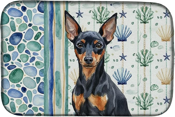 Caroline's Treasures Black and Tan Miniature Pinscher Coastal Sea Glass Dish Drying Mat Absorbent Dish Drying Mat Pad for Kitchen Counter Dish Drainer Mat for Countertop 14 x 21 Multicolor