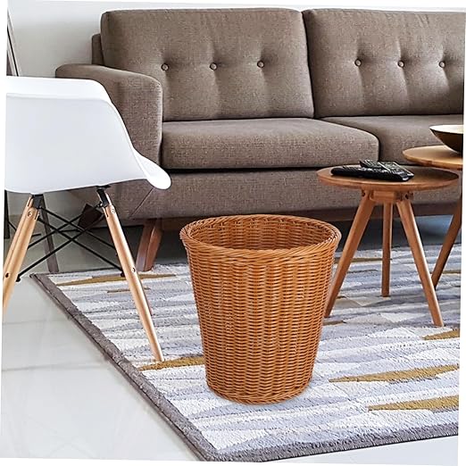 PRETYZOOM Rattan Woven Trash Can No Lid Wastebasket for Home Kitchen Office Handcrafted Rubbish Container Sturdy Stylish Design Waste Basket