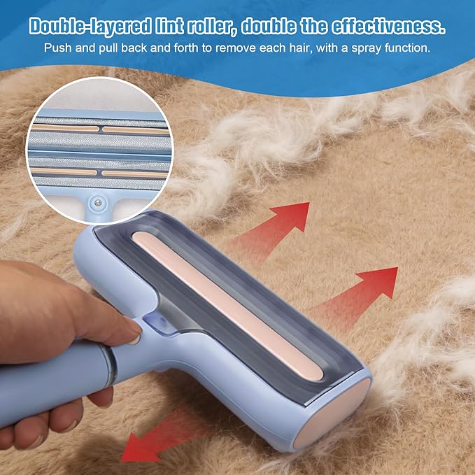 Pet Hair Remover Set with Spray &amp Self-Storage – Reusable Double-Sided Roller 4-Piece Grooming Brushes &amp Combs for Dogs Cats Furniture &amp Clothing