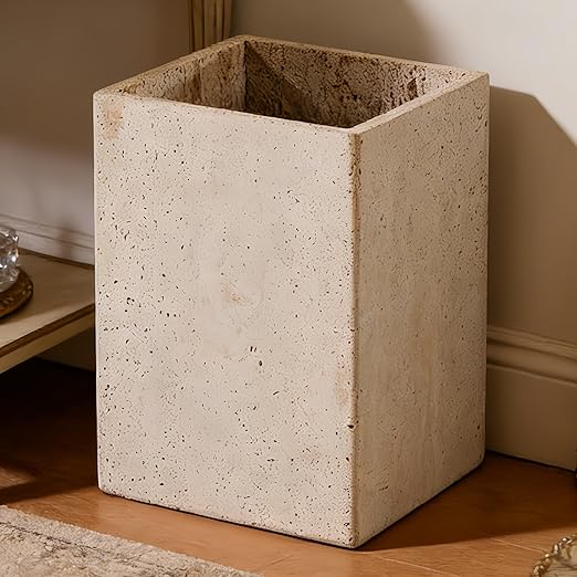 Modern Square Travertine Waste Basket Natural Stone Bathroom Trash Can Decorative Home Garbage Container Beautiful Travertine Look Rubbish Bin for Bathroom Bedroom Kitchen Home Office