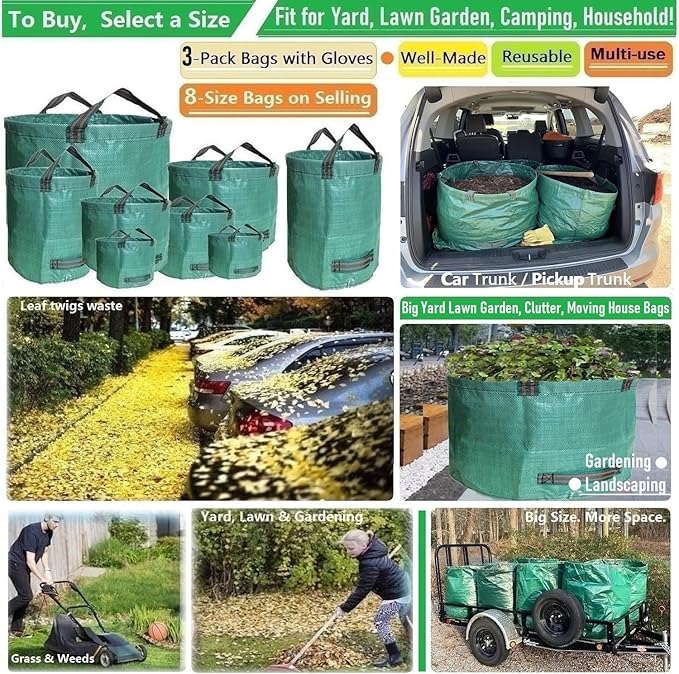 Standard 3-Pack 46 Gallon Lawn Garden Bags (D26H19 inch) Yard Waste Bags W/Gardening Gloves for Leaf BagYard DebrisGarden Trash ContainerCamping Waste BinLawn Grass ClippingsWeeds Bag 4 Handles