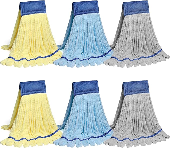 Large Microfiber Tube Mop HeadsHeavy Duty Mop HeadHighly AbsorbentCommercial Mop Head ReplacementWet Mop Heads Replacementfor Hardwood Tile Laminate Floors (Blue Grey Yellow - 6 Pack)