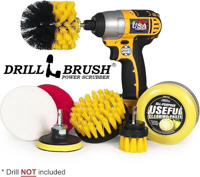 Drill Brush Attachment Multipurpose House Cleaning Supplies Set: Nylon Toilet Brush Kit Lemon Lime Scented Cleaning Paste Scrub Pads - Bathroom &amp Kitchen Tile Grout Cleaner - Household Essential