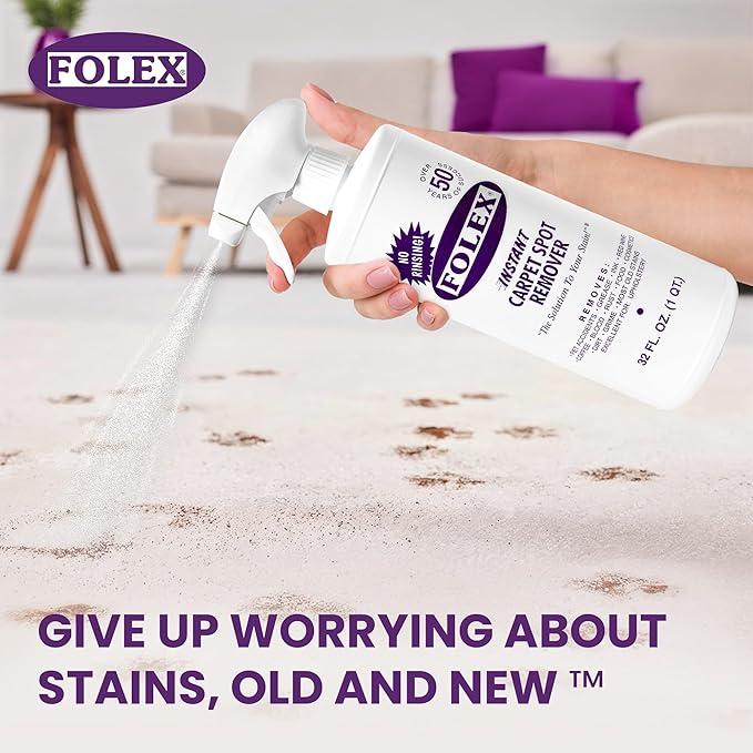 FOLEX Instant Carpet Spot Remover 32 oz – Powerful Stain Remover for Carpets Upholstery &amp Rugs – Eliminates Pet Stains Grease Red Wine Food Makeup &amp More – With Reusable Cleaning Cloth –