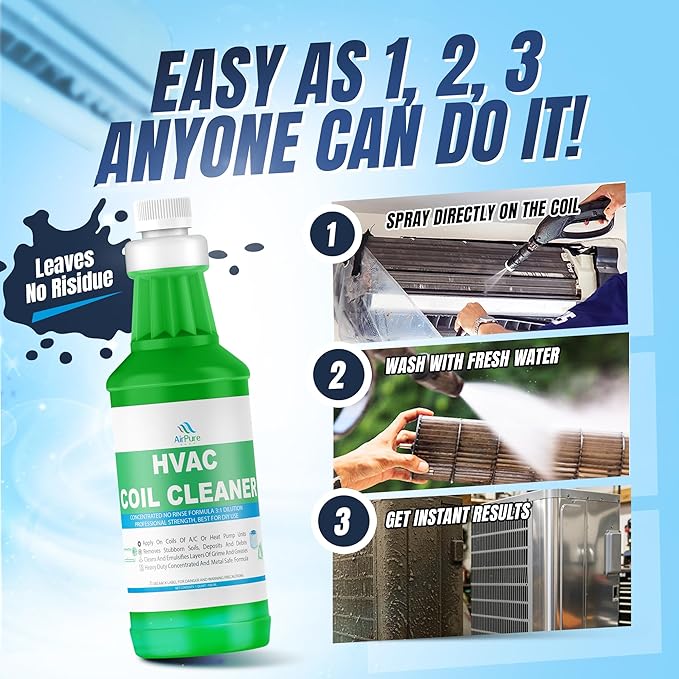 AC Evaporator Coil Cleaner - 1 Quart (946mL) No-Rinse Formula Metal-Safe Corrosion Inhibitors – Cleans Air Conditioners Condensers HVAC Mini Splits Heat Pumps – Residential &amp Commercial Use