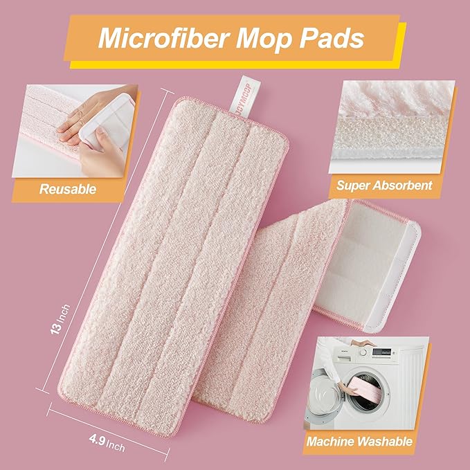 JOYMOOP Pink Mop and Bucket with Wringer Set for Home with 3 Reusable Microfiber Mop Pads Hands-Free Self-Cleaning System Suitable for Floor Cleaning and Wall Cleaner