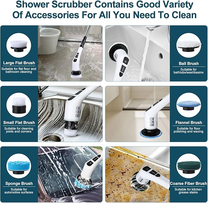 Electric Spin Scrubber with 7 Replaceable Brush HeadShower Scrubber with Long Handle7 in 1 Cordless Cleaning BrushPower Shower Scrubber for Bathroom Tub Tile Floor Kitchen WindowBlack