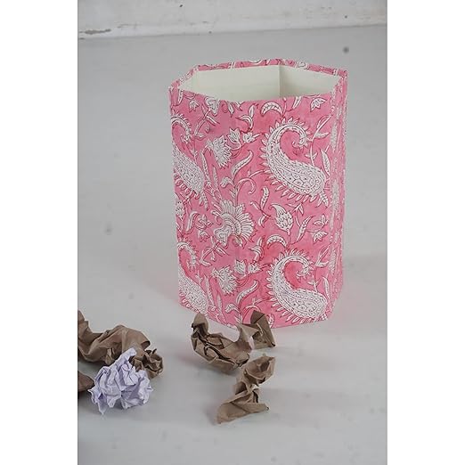 Floral Hand Block Printed 3.3 Gallon Decorative Waste Basket – Eco-Friendly Cardboard Trash Can Plastic-Free &amp Sustainable Perfect for Christmas and Housewarming Gifts (1 Pink MUKAT)