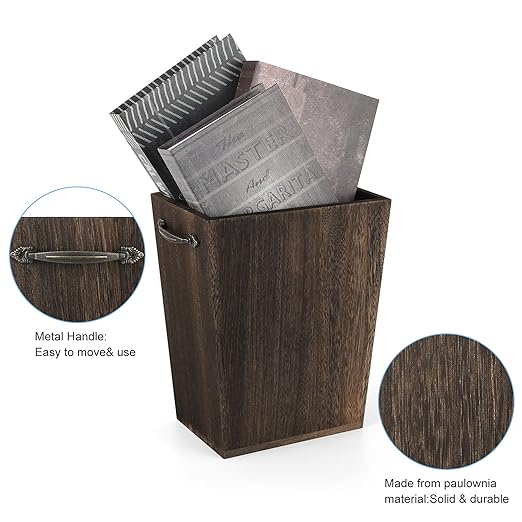 Trash Can Wastebasket Wood Garbage Container Bin with Built-in Double Metal Handles for Office Bedroom and Bathroom Dark Brown
