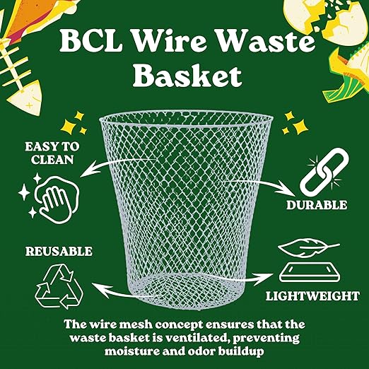 BCL Wire Mesh Round Waste Basket 9in (White Pack of 5) Lightweight Trash Can Open Top Wastebasket Recycling Bins Desk Office School Garbage Cans Home Essential