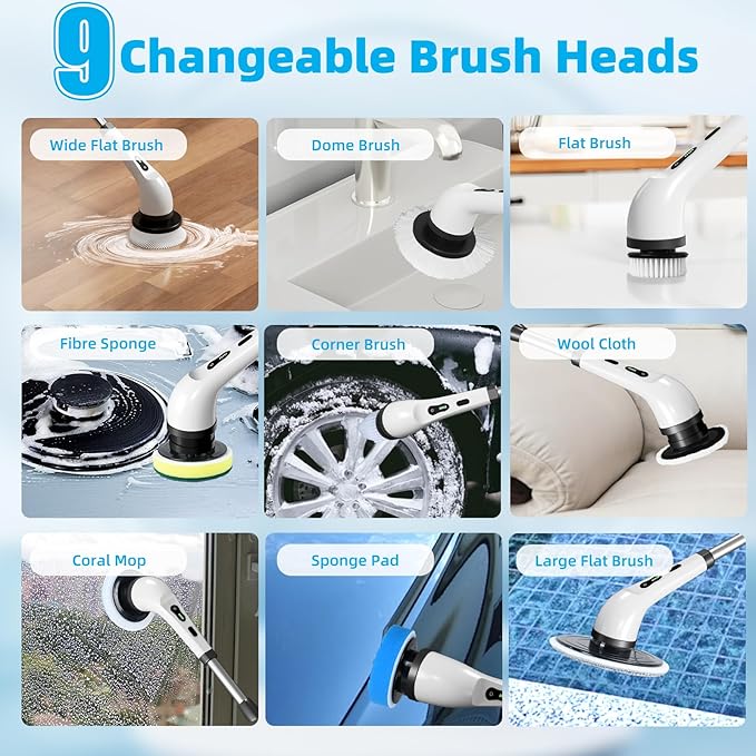 Electric Spin Scrubber Cordless Electric Scrubber for Cleaning Bathroom with Long Handle Electric Shower Scrubber Power Cleaning Brush with 9 Brush Heads for Bathtub Tile Floor Car