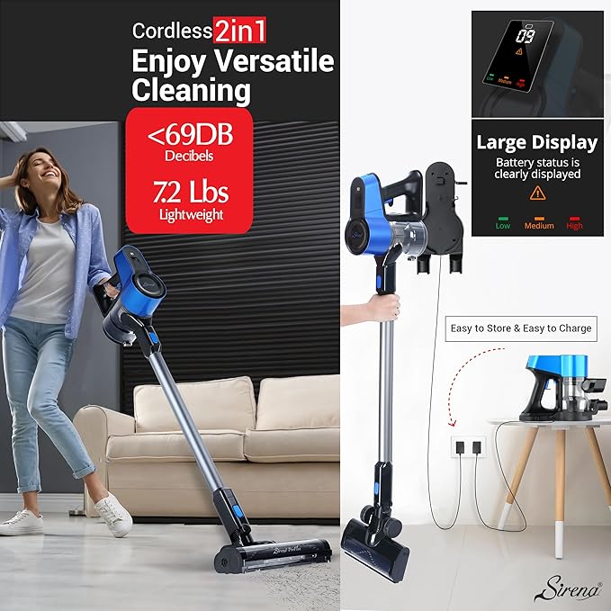 Sirena Proflex PetVac 2-in-1 Cordless Stick Vacuum Cleaner with Motorized Pet Brush for Pet Hair Removal Multi-Surface Cleaning and Portable Convenience