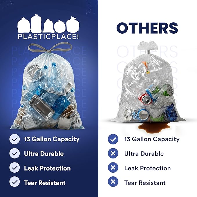 Plasticplace 13 Gallon Trash Bags │ 1.0 Mil │ Clear Extra Tall Drawstring Garbage Can Liners │ 24 x 31 (200 Count)