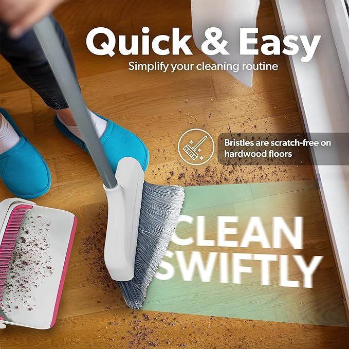 BLACK+DECKER Butler Broom &amp Dustpan Set - Stand-Up Design - Lightweight Space-Saving Combo for Kitchen Living Room Bathroom Lobby Floors - Home Cleaning Essential White/Pink