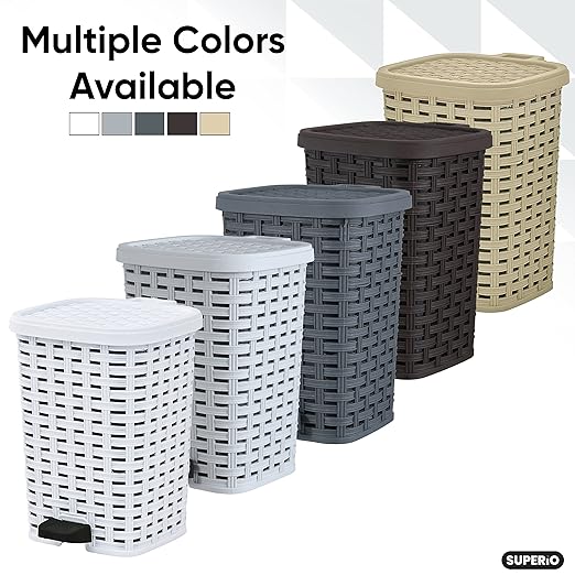 Superio Mini Trash Can with Foot Pedal Small Outdoor Garbage Can with Lid 1.5 Gallon Plastic Waste Basket for Bathroom Bedroom Kitchen Office Patio (Wicker Grey 6 QT.)