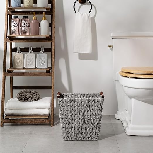 GRANNY SAYS Woven Waste Basket Gray Wicker Basket with Wood Handles Wicker Waste Basket for Bathroom Living Room 2-Pack 13 x 7 ½ x 12 ½